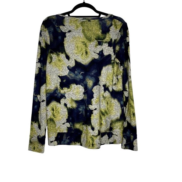 Simply Vera Sz M Gray Chartreuse Blue Floral Ruched V Neck Lightweight Sweater - Picture 3 of 10